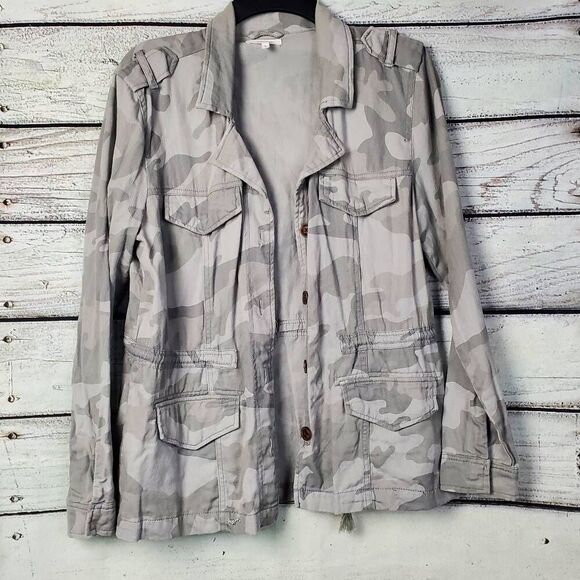 Maurices Utility Jacket L Gray Camo Button Front 100% Cotton Lightweight Militar - Picture 1 of 7